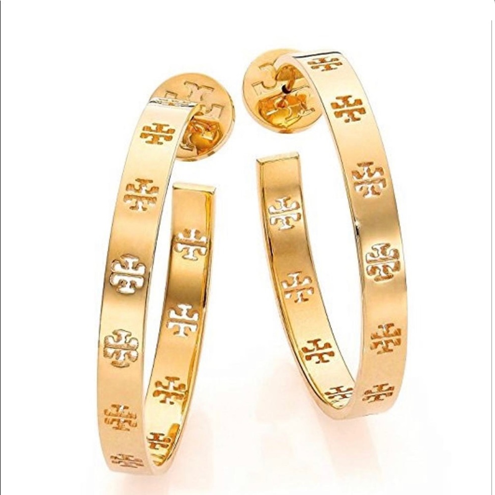 Tory Burch 1.5” T- Pierced Logo Hoop Earrings